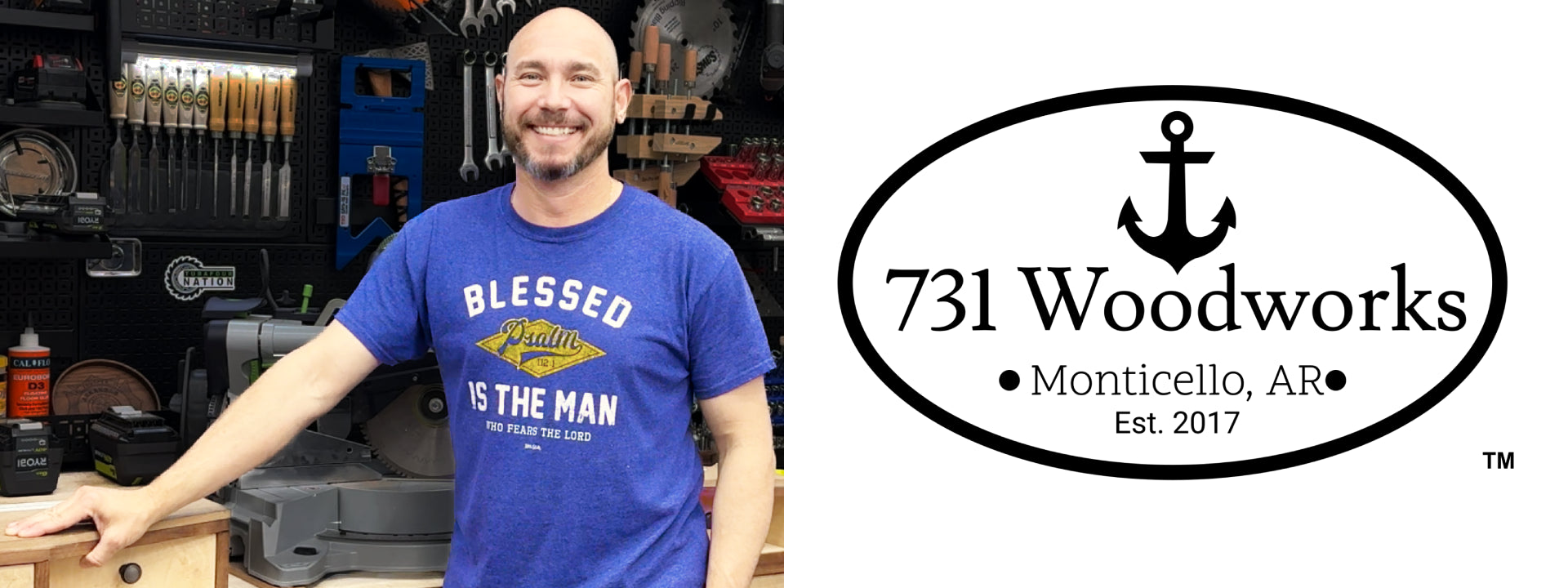 Man standing in from of power tools and hand tools. To the right is the 731 Woodworks logo.