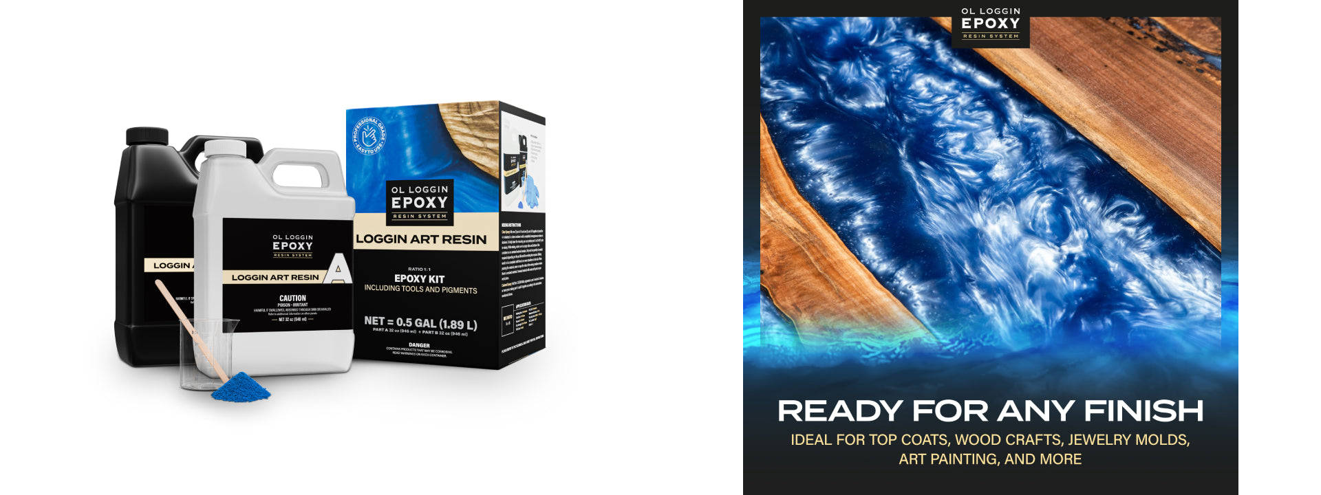 Epoxy resin with an empty measuring cup and blue pigment. To the right is an epoxy river table with text that says "Ready for any finish"