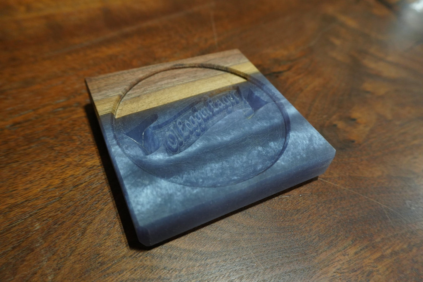 Walnut & Epoxy Coasters – Ol Loggin Lager Logo 4" X 4" - Ol Loggin Sawmill