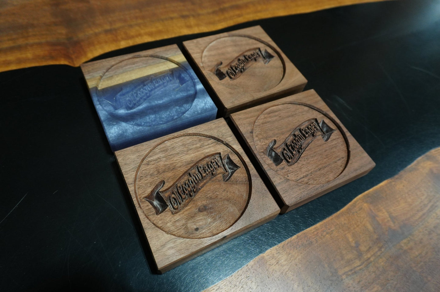 Walnut & Epoxy Coasters – Ol Loggin Lager Logo 4" X 4" - Ol Loggin Sawmill