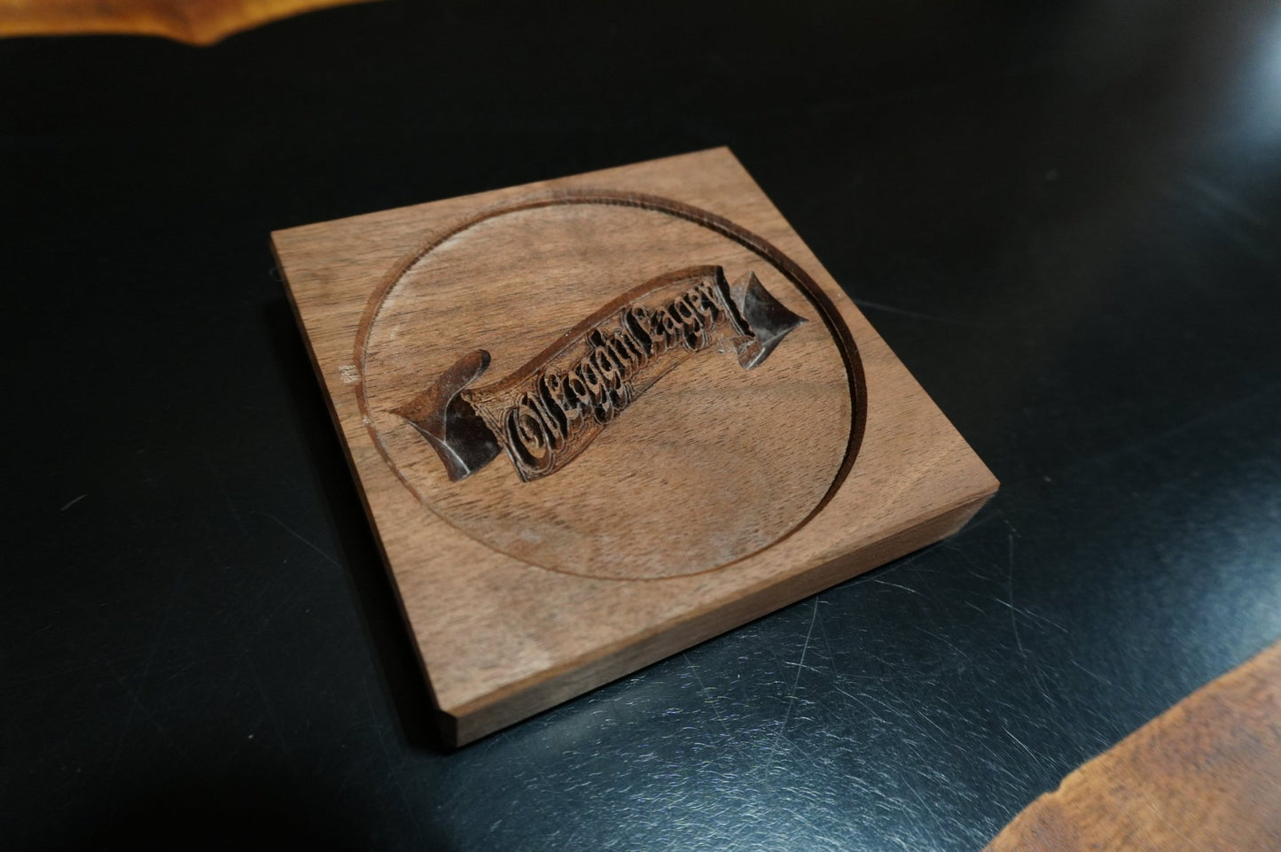 Walnut & Epoxy Coasters – Ol Loggin Lager Logo 4" X 4" - Ol Loggin Sawmill