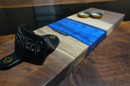 12" X 4" Walnut & Blue Epoxy Magnetic Wall Mount Bottle Opener - Ol Loggin Sawmill
