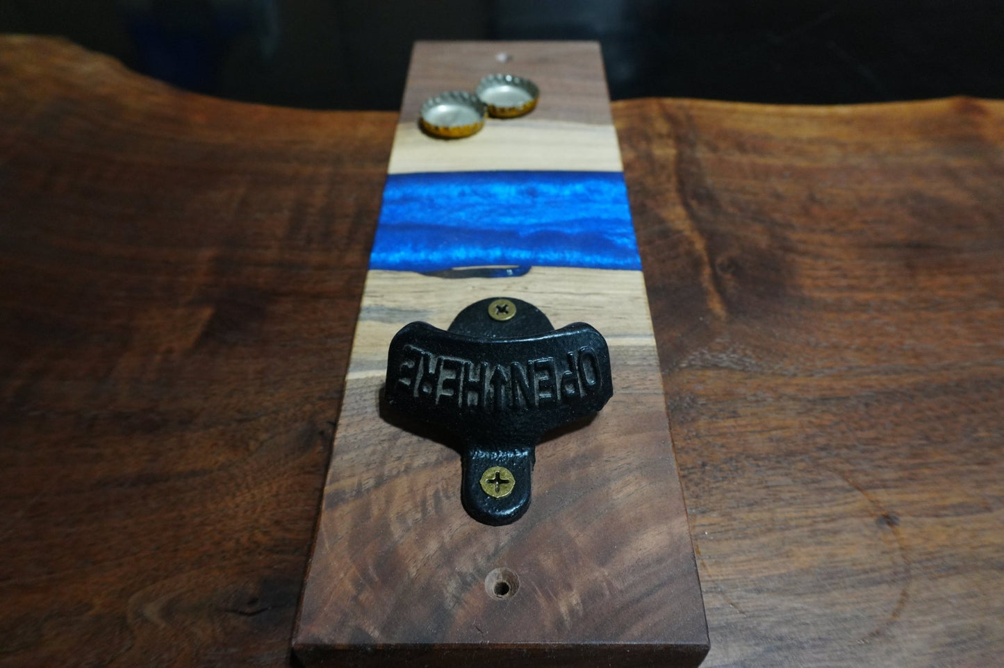 12" X 4" Walnut & Blue Epoxy Magnetic Wall Mount Bottle Opener - Ol Loggin Sawmill