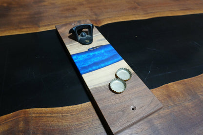 12" X 4" Walnut & Blue Epoxy Magnetic Wall Mount Bottle Opener - Ol Loggin Sawmill