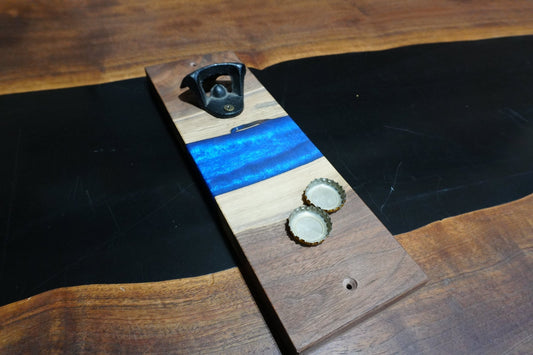 12" X 4" Walnut & Blue Epoxy Magnetic Wall Mount Bottle Opener - Ol Loggin Sawmill