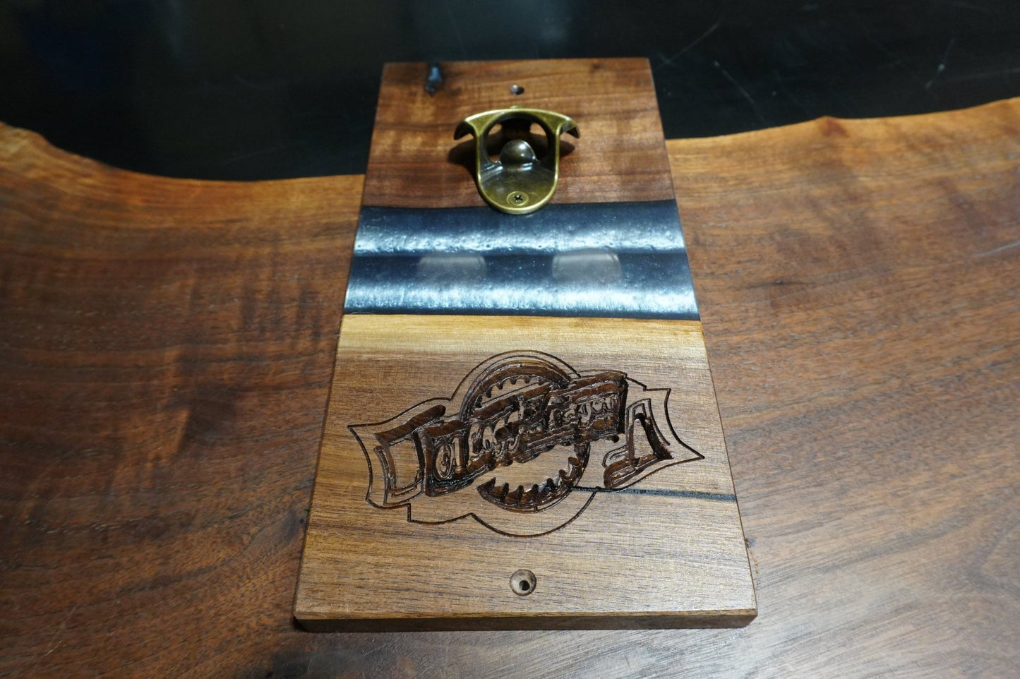 12" X 6" Wall Mount Magnetic Walnut & Silver Epoxy Bottle Opener - Ol Loggin Sawmill