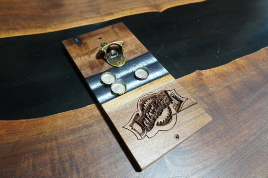 12" X 6" Wall Mount Magnetic Walnut & Silver Epoxy Bottle Opener - Ol Loggin Sawmill