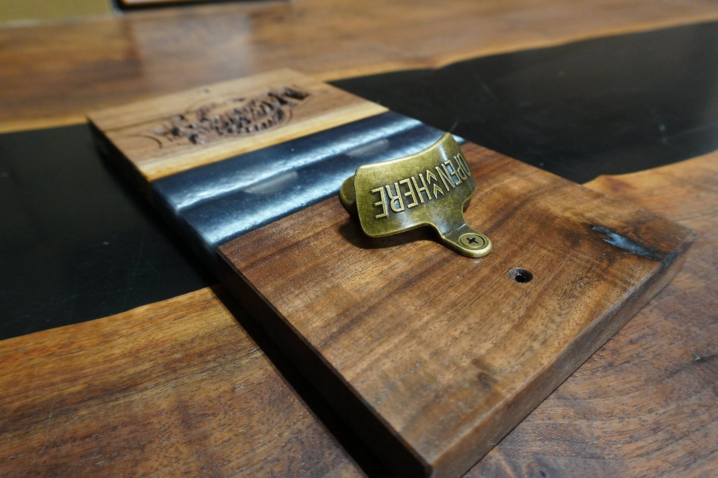 12" X 6" Wall Mount Magnetic Walnut & Silver Epoxy Bottle Opener - Ol Loggin Sawmill