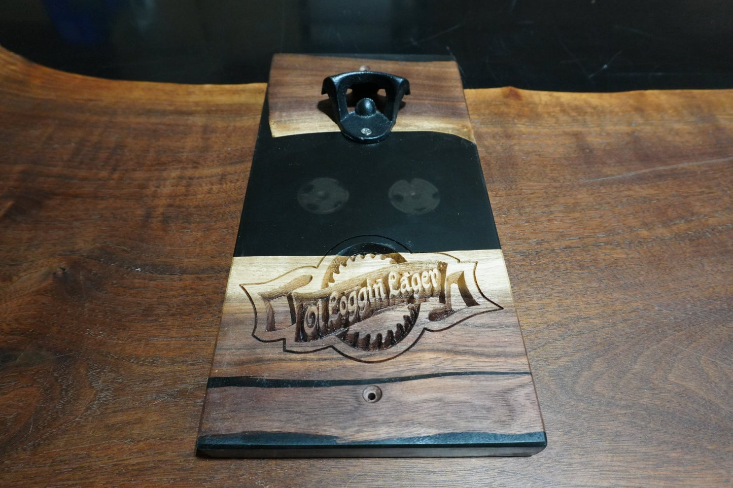 12"X 6" Wall Mount Magnetic Walnut & Black Epoxy Bottle Opener - Ol Loggin Sawmill