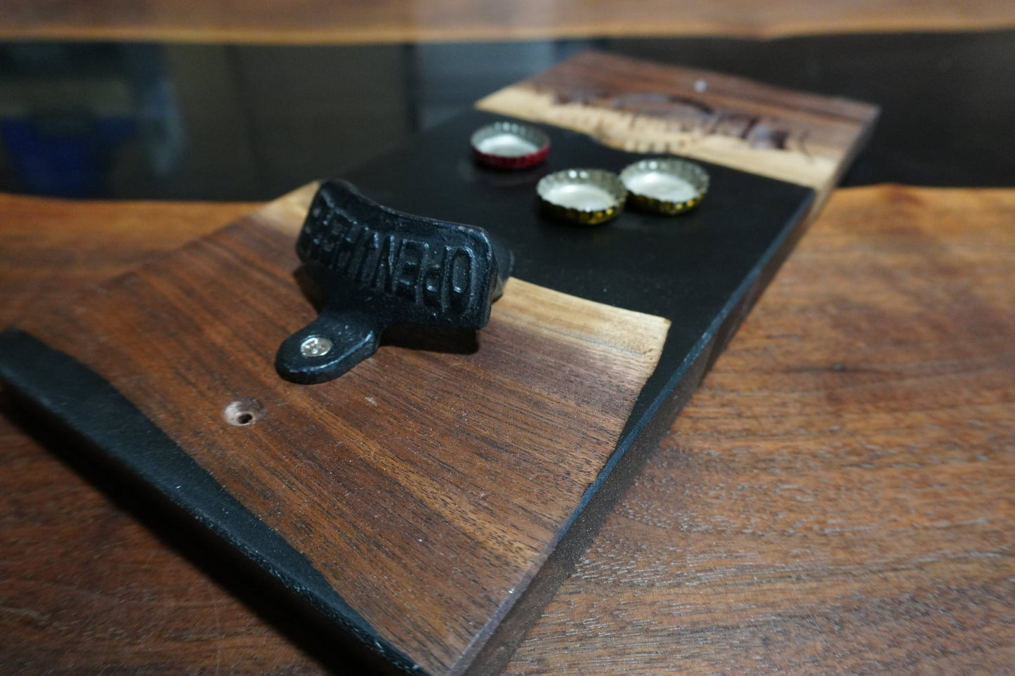 12"X 6" Wall Mount Magnetic Walnut & Black Epoxy Bottle Opener - Ol Loggin Sawmill