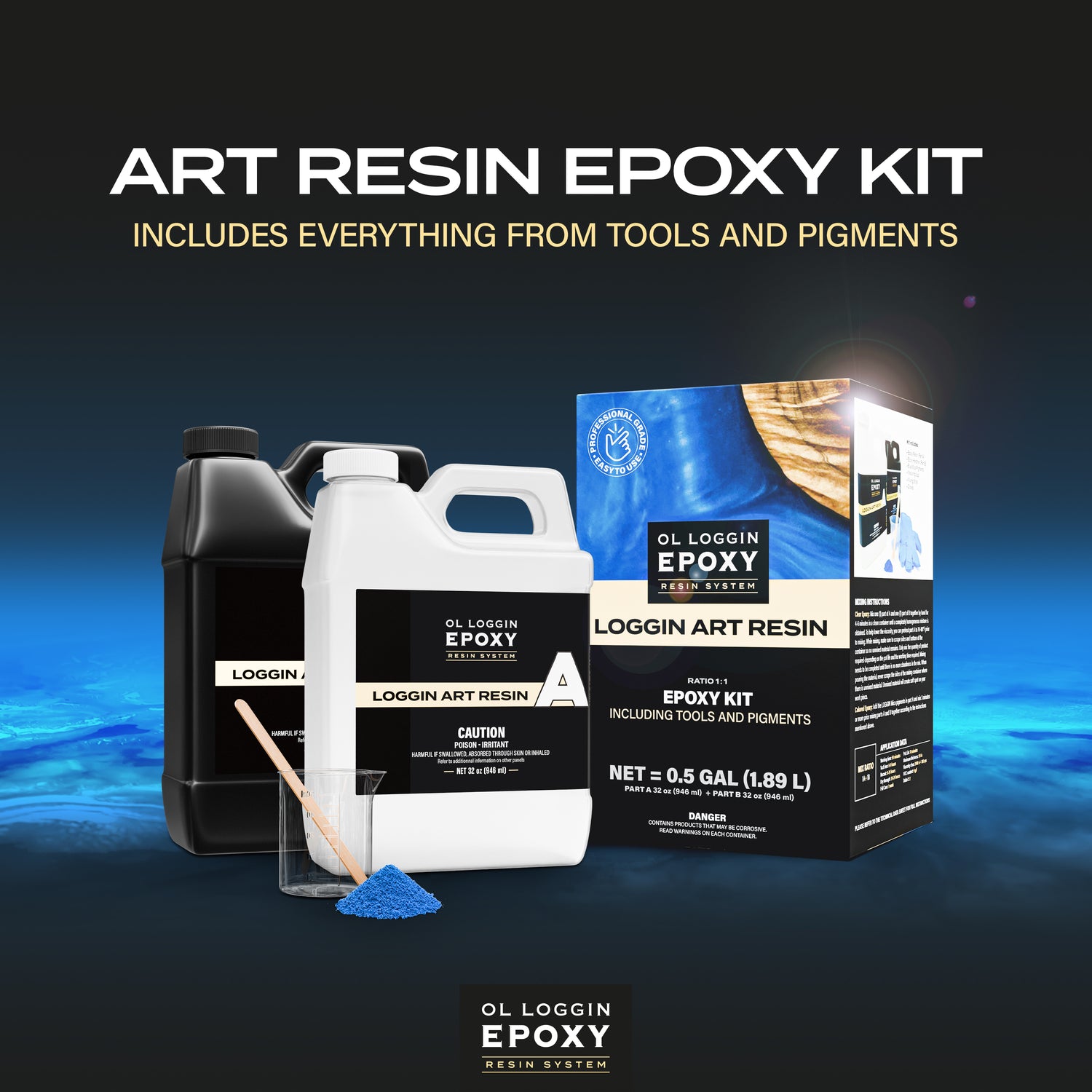 64oz Art Resin Epoxy Kit with measuring container, stir stick, and blue pigment