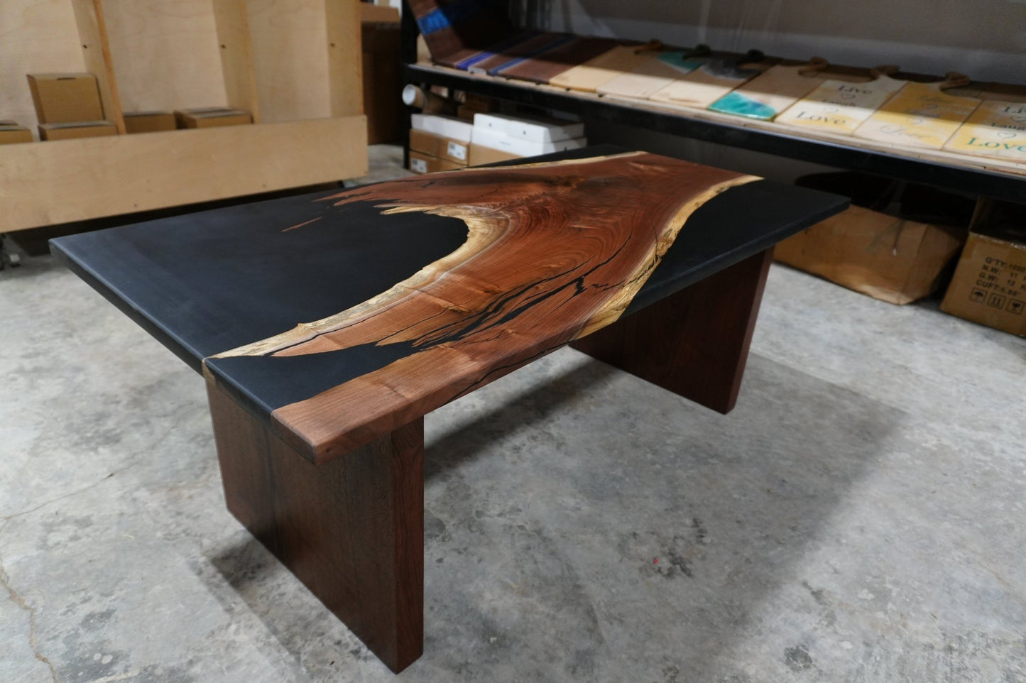"Midnight Drift" – Black Epoxy Walnut Coffee Table - Ol Loggin Sawmill