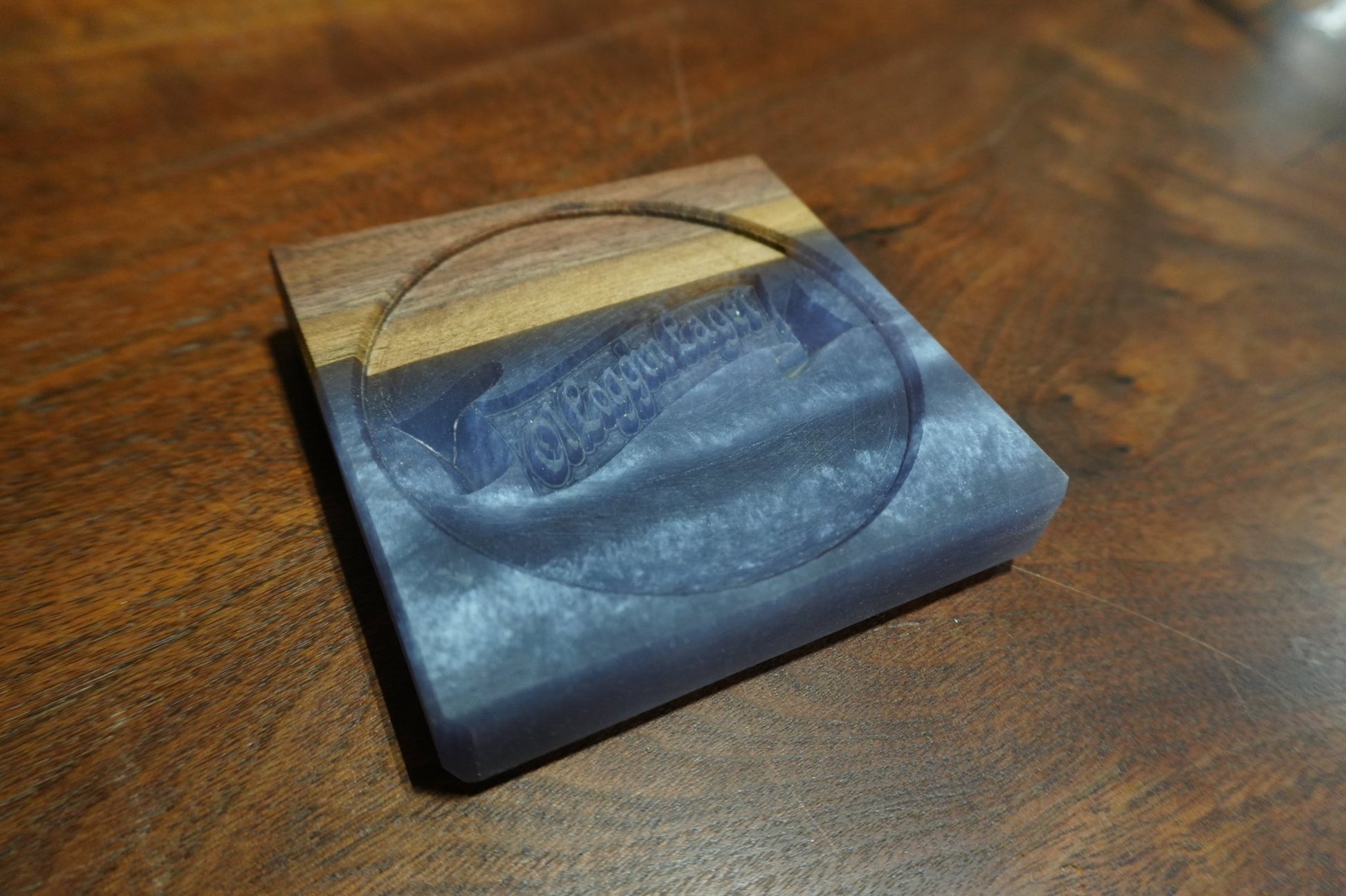 Walnut & Epoxy Coasters – Ol Loggin Lager Logo 4" X 4" - Ol Loggin Sawmill